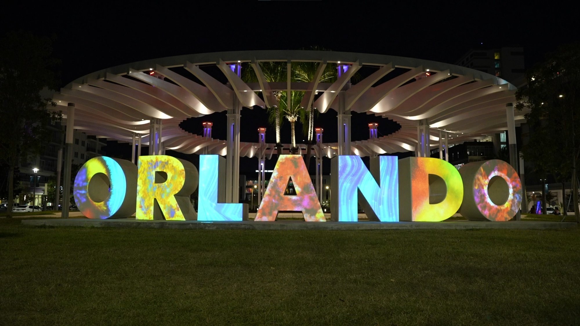 Orlando city sign at night